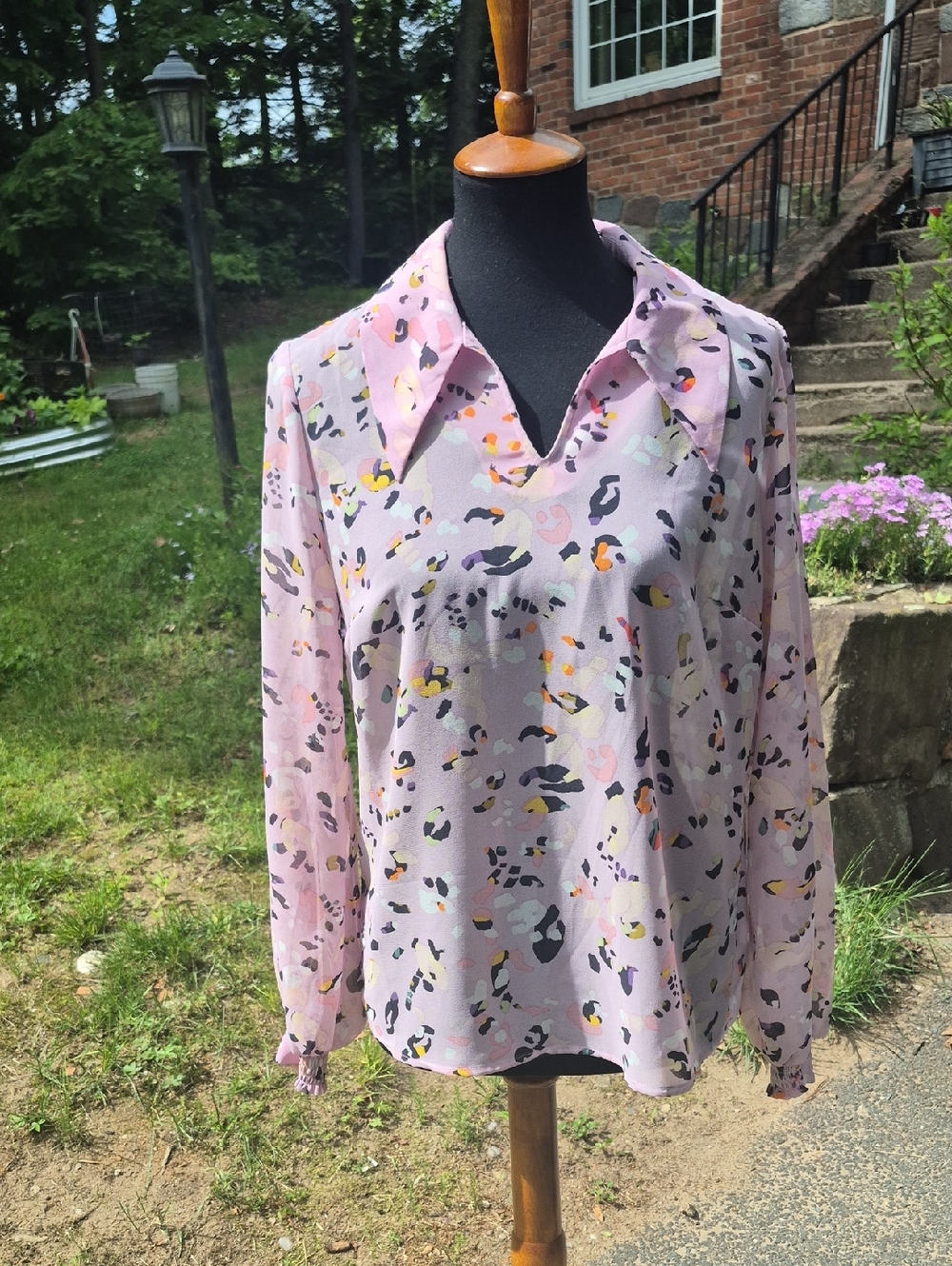 CAbi Light Pink Abstract Print Long-Sleeve Blouse